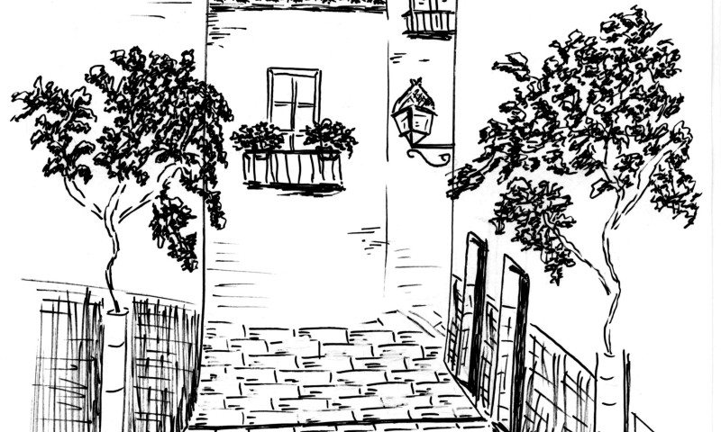 cuesta escalonada de acceso, desde calle Alhamillos al callejón del Mesón. plumilla, Bienvenida Gonzalez