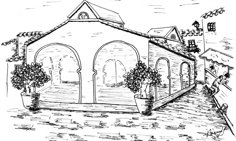 plumilla,recreación Bienvenida Gonzalez.Plaza de Abastos abierta en sus cuatro laterales