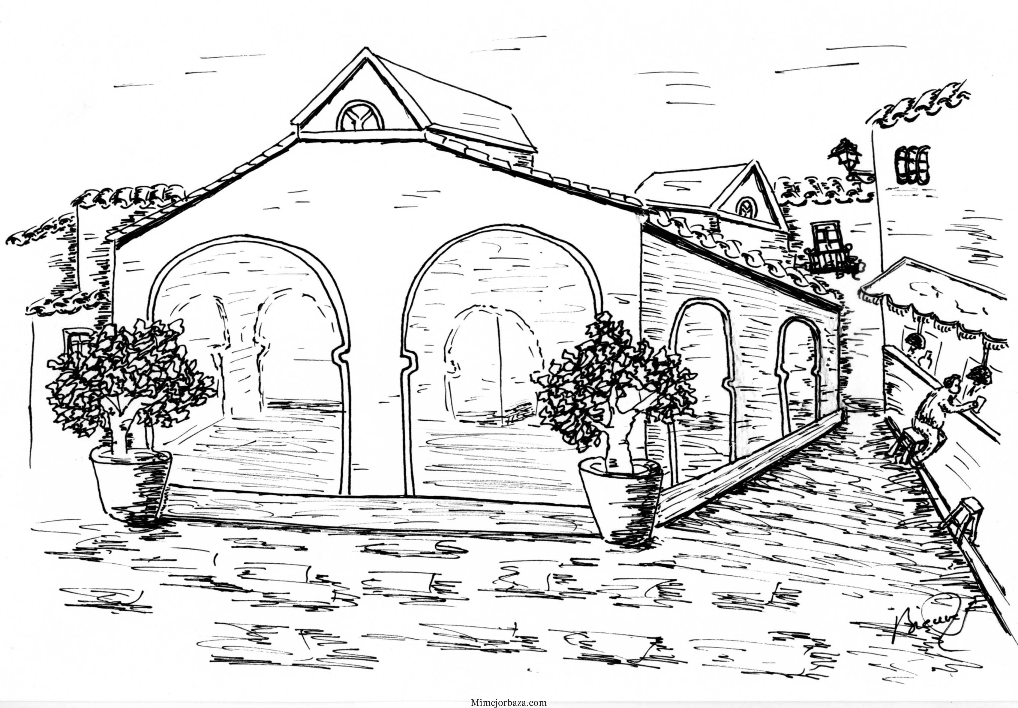 plumilla,recreación Bienvenida Gonzalez.Plaza de Abastos abierta en sus cuatro laterales