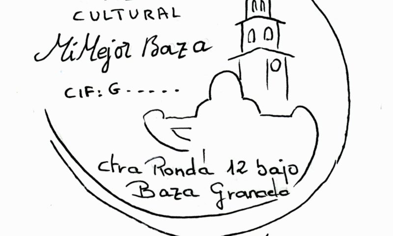El sello de la Asociación Cultural Mi Mejor Baza,, creación de Bienvenida González, en el que la autora de la idea, Bienvenida González, en conexión con el blog Mimejorbaza, recoge y envuelve el Centro Histórico de Baza en un abrazo una luna creciente que envuelve y acoge desde el campanario una Baza que desde su medina B